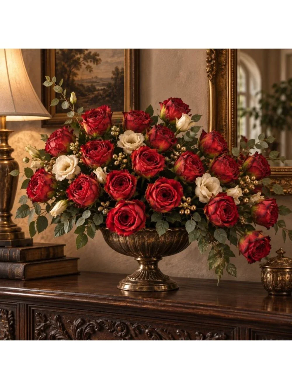 Burnt Edge Artificial Roses, 18 Stem Red Rose Bouquet, 15 Inch Faux Flowers, Wed